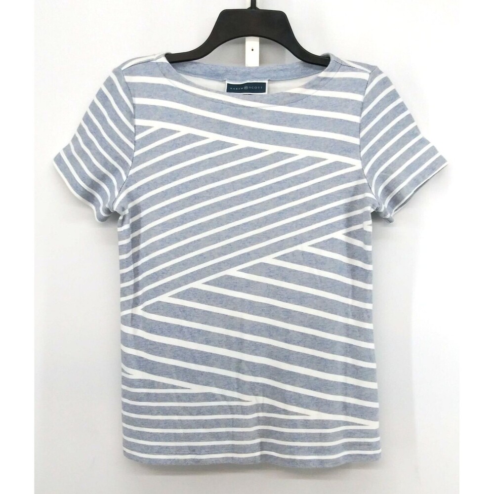 Karen Scott Shirt Women Size S Heather Blue Striped Short Sleeve Round Neck Top